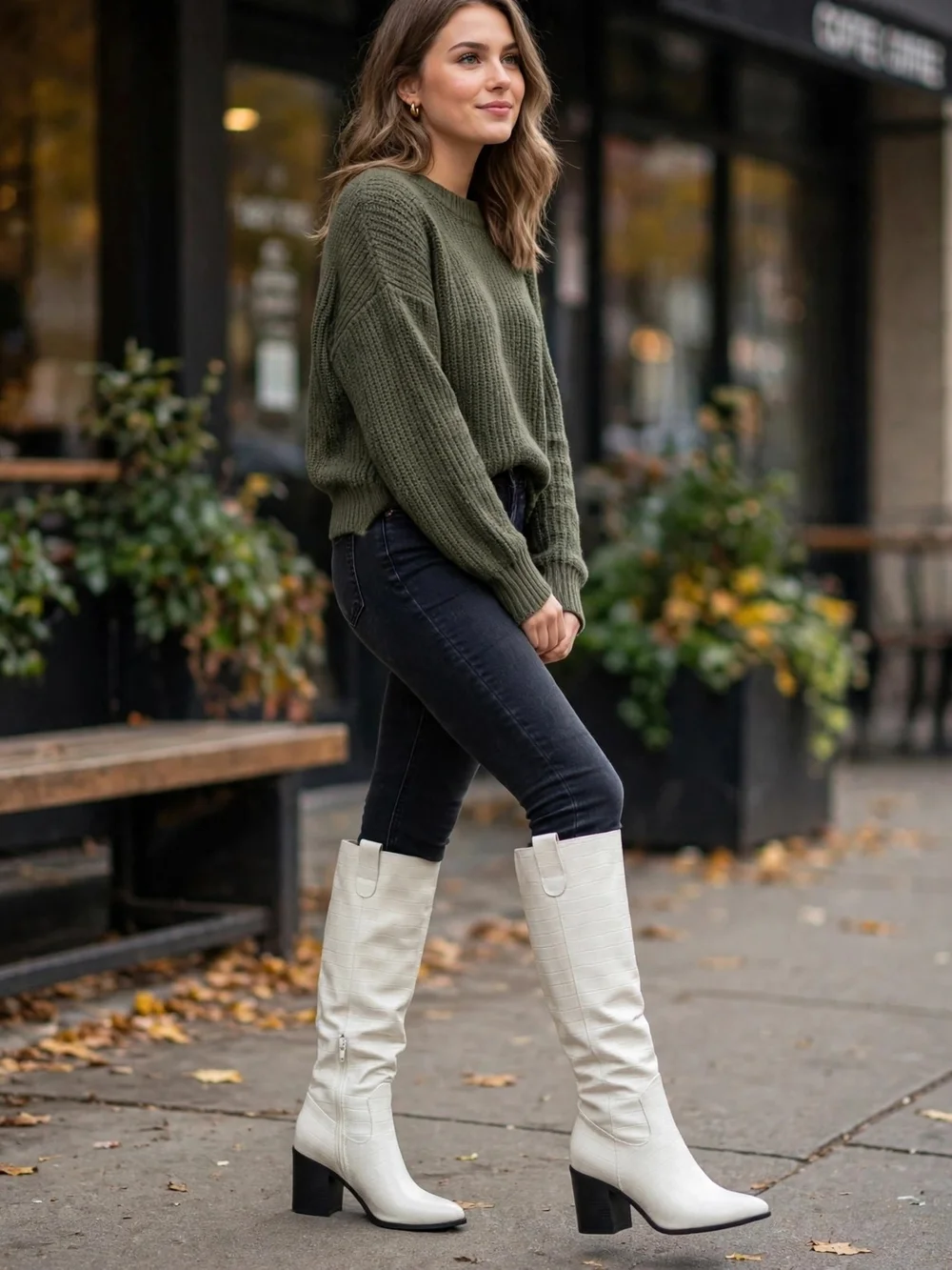 NWOB Journee Collection White Faux-Croc Over-the-Knee Block Heel Boots